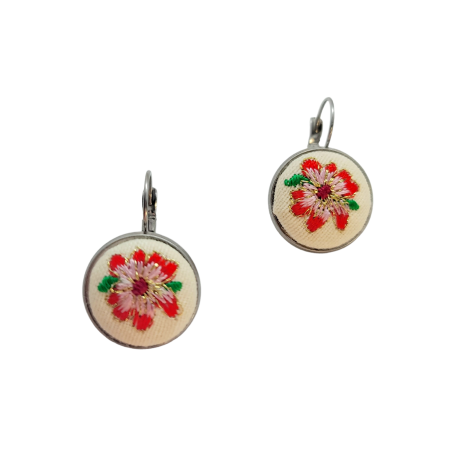 earrings steel silver fabric white flowers